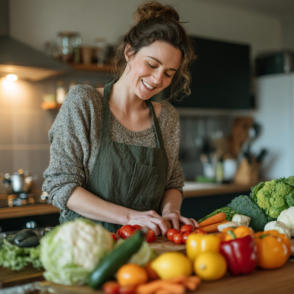 Healthy woman in her 40s preparing nutritious meal with fresh vegetables and fruits in a modern kitchen, smiling while organizing colorful ingredients