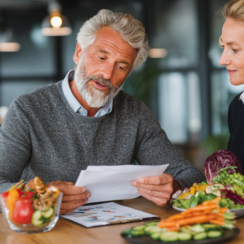 Middle-aged professional nutritionist man in his 50s with gray hair consulting with client, reviewing healthy meal plans and nutrition charts in bright modern office